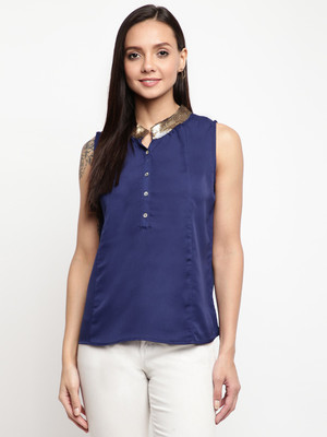 MAYRA Casual Sleeveless Solid Women Blue Top