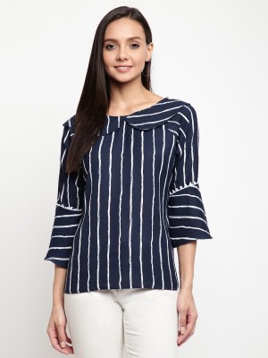 MAYRA Casual Bell Sleeve Striped Women Dark Blue, White Top