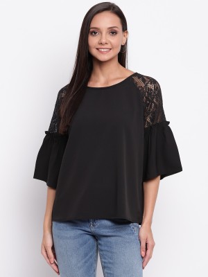 MAYRA Casual 3/4 Sleeve Solid Women Black Top