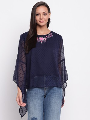 MAYRA Casual Full Sleeve Embroidered Women Dark Blue Top