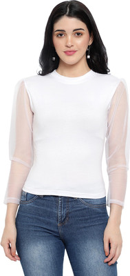 Lovira Casual 3/4 Sleeve Self Design, Solid Women White Top