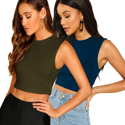 LIME Casual Sleeveless Solid Women Dark Green, Dark Blue Top