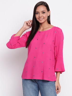 MAYRA Casual Bell Sleeve Embellished Women Pink Top