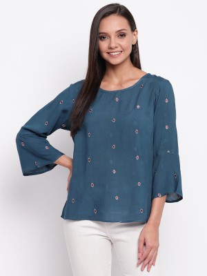 MAYRA Casual Bell Sleeve Embellished Women Light Blue Top
