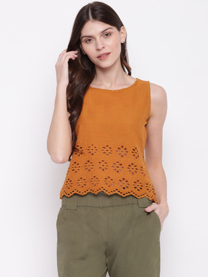 MAYRA Casual Sleeveless Solid Women Yellow Top