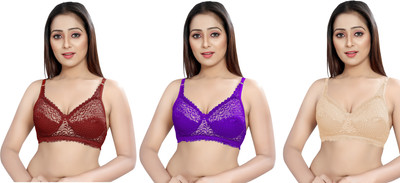 Jiyan Enterprise Jiyan Fabric Women Net Embroidered Full Coverage bra pack of 3 Women Full Coverage Non Padded Bra(Purple, Maroon, Beige)