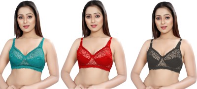 victoria enterprise Women Net Embroidered Full Coverage bra pack of 3 Women Full Coverage Non Padded Bra(Red, Green, Black)