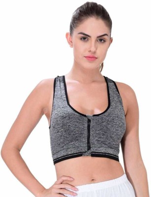 Olive Front Zipper Padded Sports Bra Women Sports Lightly Padded Bra(Grey)