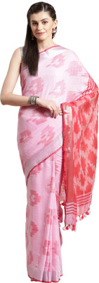 Kalakari India Printed Handloom Linen Saree(Pink, Red)