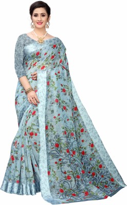 Leeza Store Digital Print Daily Wear Cotton Blend Saree(Grey)