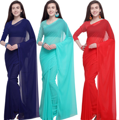 ANAND Dyed, Solid/Plain Daily Wear Georgette Saree(Pack of 3, Dark Blue, Red, Blue)