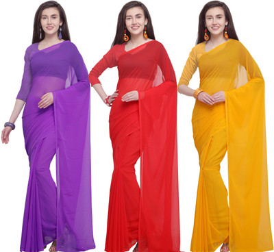 ANAND Dyed, Solid/Plain Daily Wear Georgette Saree(Pack of 3, Multicolor)