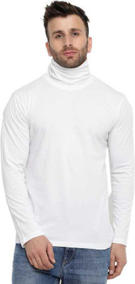 GLAMPANDA Solid Men High Neck White T-Shirt