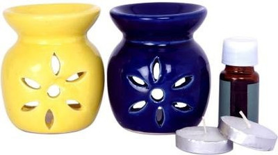 BHARTI TRADERS lavender Aroma Oil, Diffuser Set Ceramic Aroma Air Freshner Tea Light Diffuser Combo Pack of 2( Blue yellow) Floral Fragrance (10ML) & 2 Candles Diffuser Set (5 x 2 ml)(2 x 150 g)