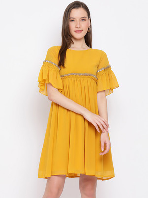 ALL WAYS YOU Women Fit and Flare Yellow Above Knee/Mid Thigh Length Dress
