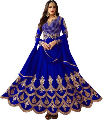 Embroidered Poly Silk Semi Stitched Anarkali Gown  (Blue)