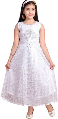 AYUB FASHION Girls Maxi/Full Length Party Dress(White, Sleeveless)