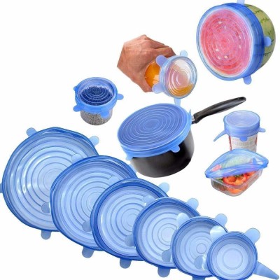 Kuisner Blue 6 Lids Stretchable Vacuum Cover for Bowls, Bottles, Food, Glass Cups 8 inch Lid Set(Silicone)