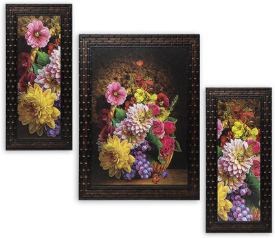 Indianara Set of 3 Floral Painting (3058) Digital Reprint 13 inch x 22.2 inch Painting(With Frame, Pack of 3)