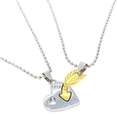 Devora Love You with heart & Cupid's Arrow valentine special Couple Pendent Locket chain for lovers Rhodium Stainless Steel Pendant Set