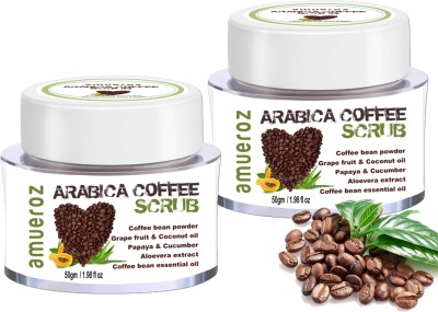 Amueroz Arabica Coffee Scrub for face and body |Deep Cleansing | Glowing skin | Cellulite | Ageing Skin | Tan removal Scrub | Fruit Extracts Caffeinated Face Scrub - PACK OF TWO- (50 g) Scrub(100 g)