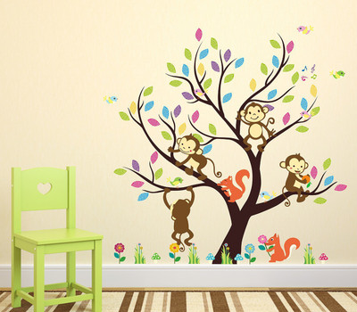 LANSTICK 101.6 cm TREE WITH COLORFUL LEAVES WITH MONKEY'S & SQUIRRELS STICKER Self Adhesive Sticker(Pack of 1)