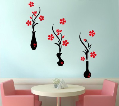 Archi Graphics Studio 100 cm Beautiful red and Black Flowers Set of Three flowerpots Wall Sticker (PVC Vinyl Multicolor Size-120x160cm) Self Adhesive Sticker(Pack of 1)