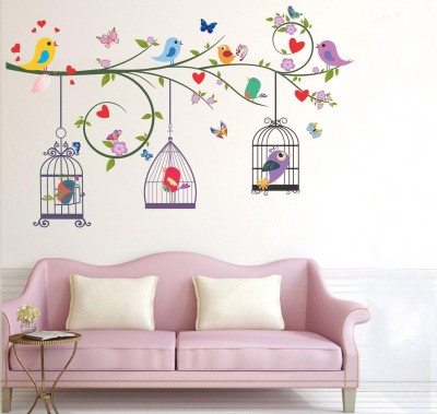 Archi Graphics Studio 122 cm Bird and cage Wall Sticker Tree with Birds and Cages Wall Sticker for Living Room décor(size122x77cm) Self Adhesive Sticker(Pack of 1)