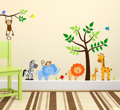 WALLDECORS 81.28 cm TREE WITH ANIMAL STICKER Self Adhesive Sticker(Pack of 1)