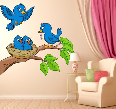 Archi Graphics Studio 77 cm Blue Birds Wall Sticker Bird with Tree and Baby Birds on Next Wall Sticker Multicolor decor (PVC Vinyl,size77x75cm) Self Adhesive Sticker(Pack of 1)