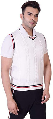 Joe Hazel Self Design V Neck Casual Men White Sweater