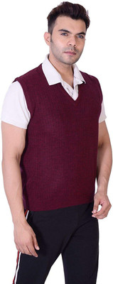 Joe Hazel Solid V Neck Casual Men Maroon Sweater