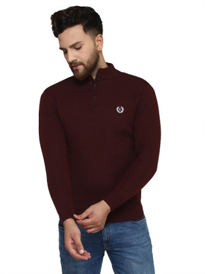 KVETOO Solid High Neck Casual Men Maroon Sweater