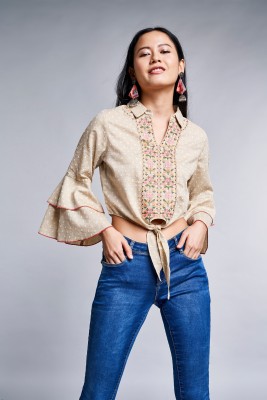 GLOBAL DESI Casual Bell Sleeve Embroidered Women Beige Top