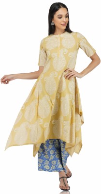 SHUK Women Floral Print Asymmetric Kurta(Yellow)