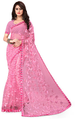 Vishnu Creations Printed Bollywood Net, Art Silk Saree(Magenta)