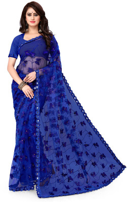 Vishnu Creations Printed Bollywood Net, Art Silk Saree(Blue)