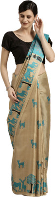 Samah Animal Print, Printed Kalamkari Khadi Silk, Art Silk Saree(Light Blue, Beige, Multicolor) Flipkart
