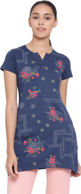 IN Love Floral Print Women Henley Neck Blue T-Shirt