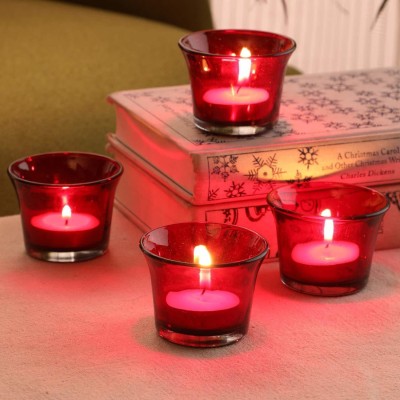 zsquarehp Home Decorative Tea Light Candle Holder 3 Inches Glass Glass 4 - Cup Candle Holder Set(Red, Pack of 4)
