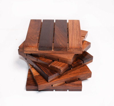 Hashcart Square Reversible Wood Coaster Set(Pack of 6)