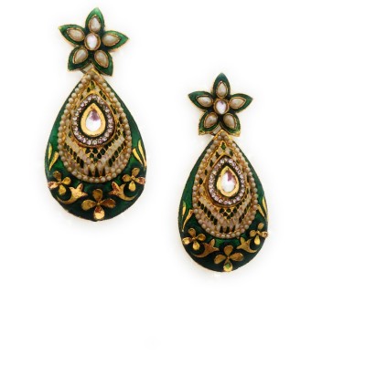 Preet Art Jewellery Antique gold plated oxidised green meenakari pearl & crystal long earrings. Crystal Metal, Plastic Drops & Danglers