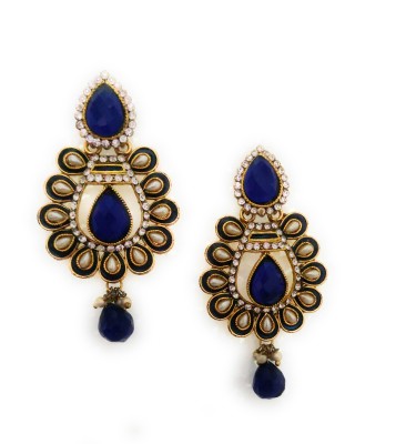 Preet Art Jewellery Antique gold plated oxidised blue meenakari stone pearl & crystal earrings Crystal Metal, Plastic, Crystal, Glass Drops & Danglers