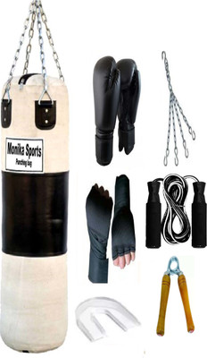 Monika Sports Senior Boxing Combo 3 feet unfilled Punching Bag With Hanging Chain + Pair of Boxing handwrap + Pair of Boxing Gloves + 1 Bearing Skipping Rope + 1 Wooden Handgrip + 1 Mouth Guard Boxing Kit Monika Sports Senior Boxing Combo 3 feet unfilled Punching Bag With Hanging Chain + Pair of Boxing handwrap + Pair of Boxing Gloves + 1 Bearing Skipping Rope + 1 Wooden Handgrip + 1 Mouth Guard Boxing Kit
