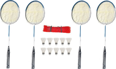 Monika Sports 4 Single Shaft Racquet + One Side Nylon tape Badminton Net + 10 Pc Feather Shuttle Badminton Kit