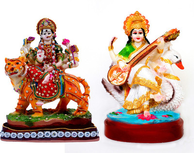 Green Value Goddess Durga Mata and Saraswati idols Decorative Showpiece  -  22 cm(Polyresin, Multicolor)