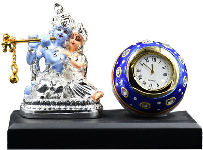 Saugat Traders Saugat Traders Decorative Handcrafted Lord Radha Krishna Statue with Round Shape Table Top Watch for Home Decor, Kitchen, Living Room, Mandir, Temple, Office Desk, Study Table, Car Dashboard, Gift Items Decorative Showpiece - 9 cm(Polyresin, Multicolor)