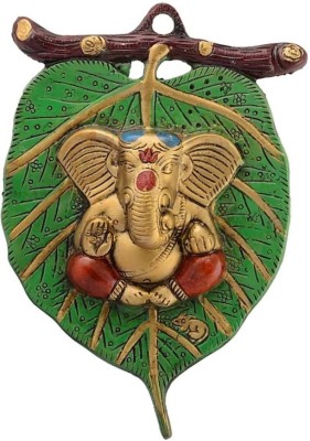 Fashion Bizz Lord Ganesha In Red Dhoti On Green Leaf Wall Hanging Decorative Showpiece  -  22 cm(Metal, Multicolor)