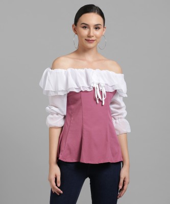 Glamcci Casual 3/4 Sleeve Color Block Women Pink, White Top