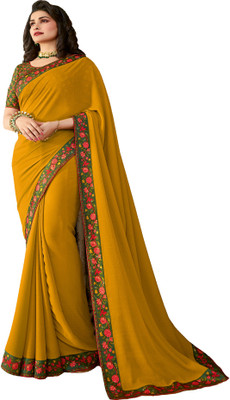 Queenswear Creation Solid/Plain Bollywood Georgette Saree(Yellow)